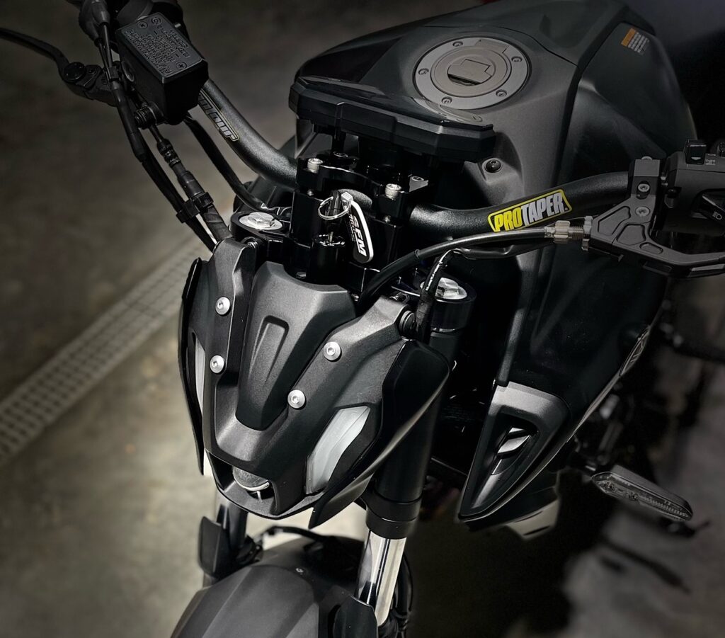 Yamaha MT07 triple tree with DB risers in Black from Outlaw Stunt Parts