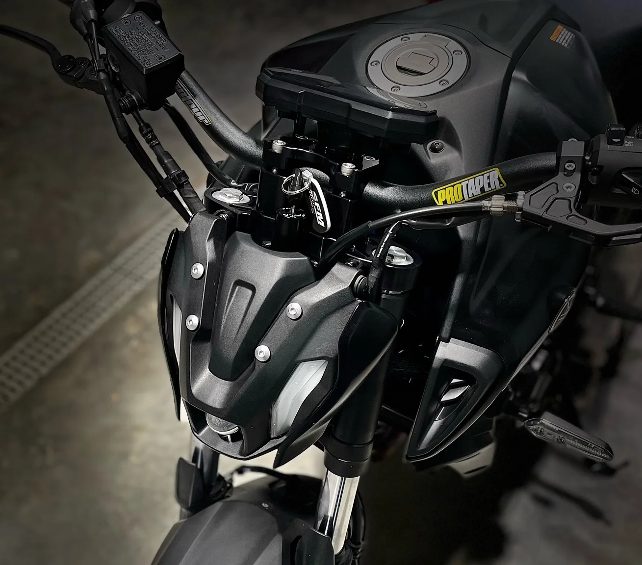 Yamaha MT07 triple tree with DB risers in Black from Outlaw Stunt Parts